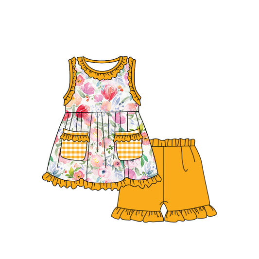 (Custom Design Preorder MOQ 5) Mustard Flowers Print Pockets Top Ruffle Shorts Girls Summer Clothes Set
