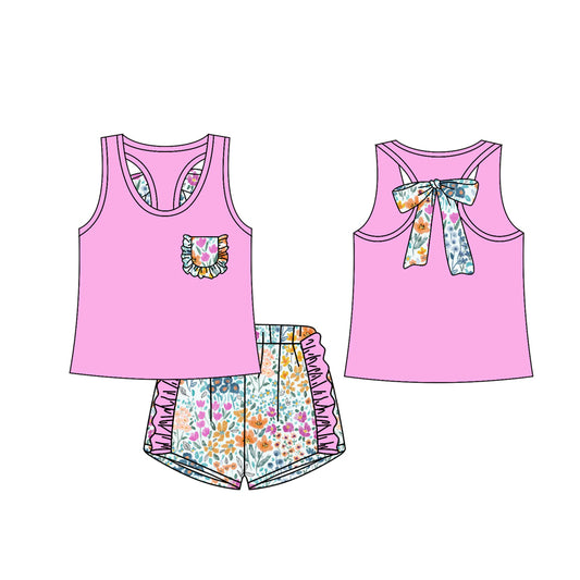 12.13(Custom Design Preorder MOQ 5) Hot Pink Pocket Vest Top Flowers Shorts Girls Summer Clothes Set