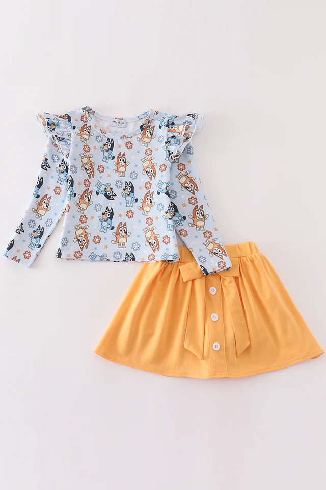 (Custom Design Preorder MOQ 5) Cartoon Dog Flowers Top Yellow Skirts Girls Clothes Set