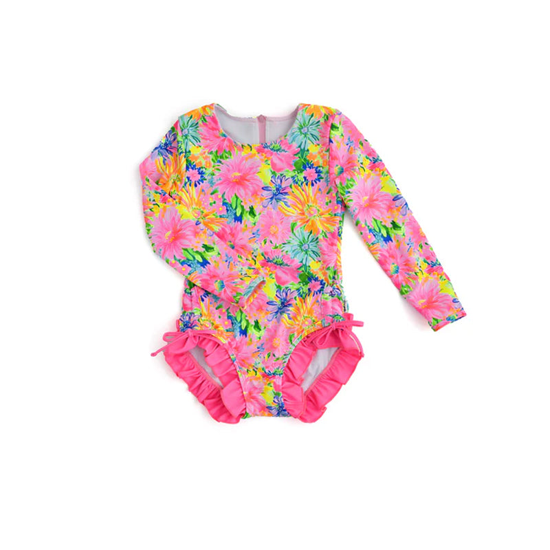 (Custom Design Preorder MOQ 5)  Flowers Print Girls 1 Piece Long Sleeve Swimsuits