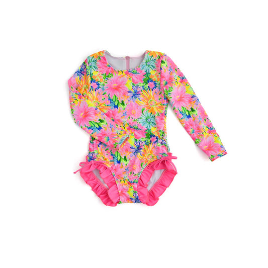 (Custom Design Preorder MOQ 5)  Flowers Print Girls 1 Piece Long Sleeve Swimsuits