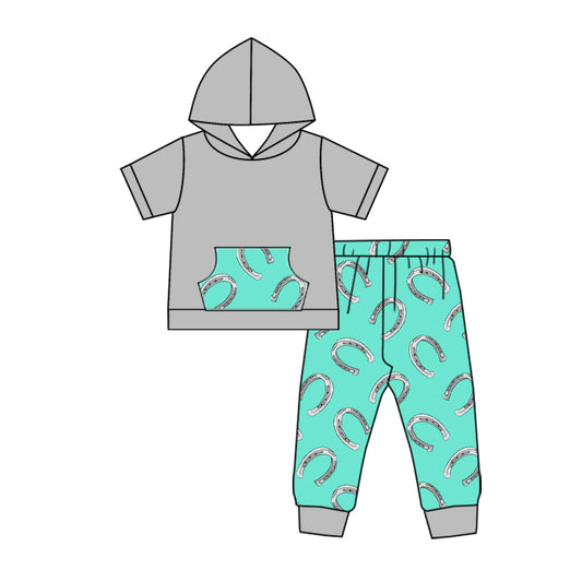 (Custom Design Preorder MOQ 5) Gray Hoodie Top Horseshoe Pants Boys Clothes Set