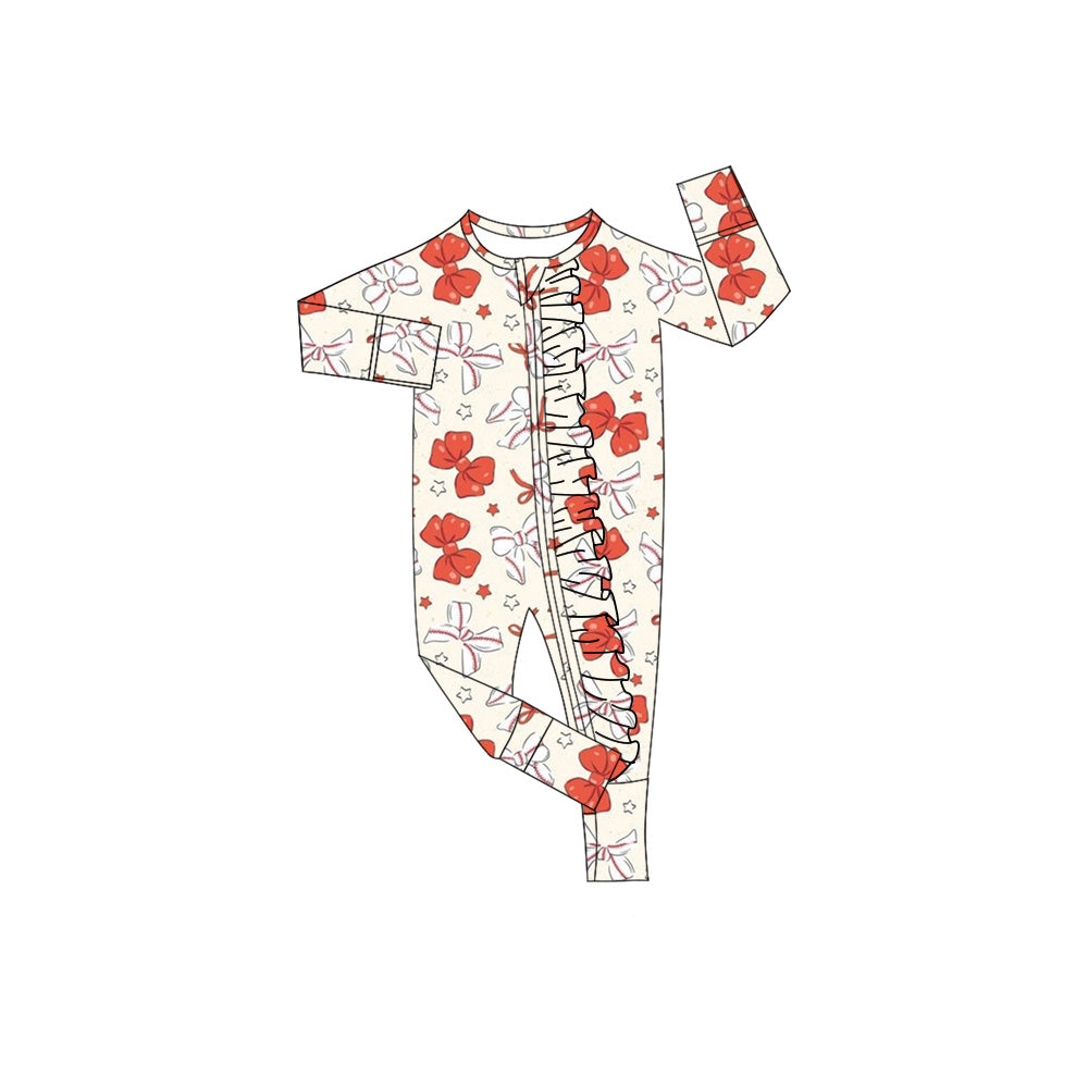 (Custom Design Preorder MOQ 5) Baseball Red Bows Print Baby Girls Fall Sleeper Zipper Romper