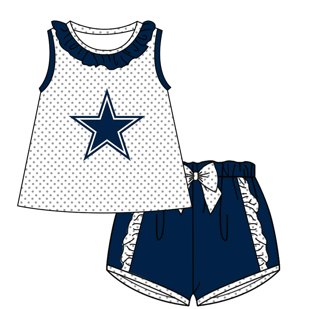 (Custom Design Preorder MOQ 5)  Team's Cowboys Top Navy Shorts Girls Summer Clothes Set