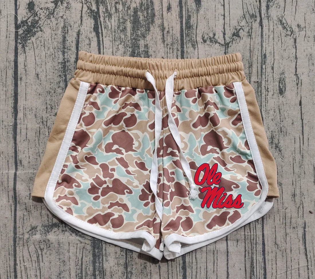 (Custom Design Preorder MOQ 5 Each Item) Team's Ole Miss Blue Camo Print Summer Bottom Shorts Mom and Me Matching Clothes