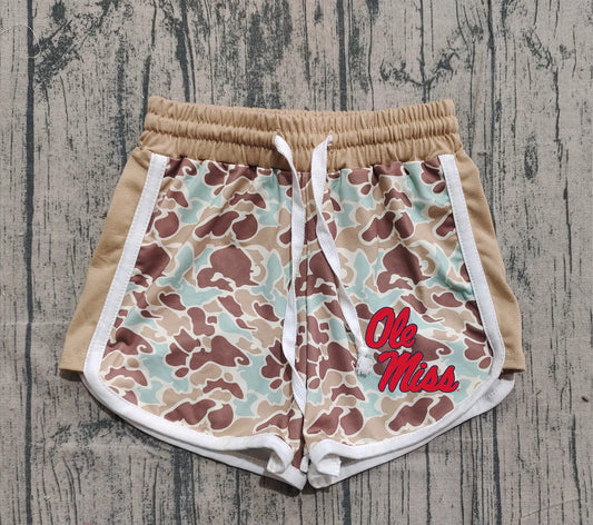 (Custom Design Preorder MOQ 5 Each Item) Team's Ole Miss Blue Camo Print Summer Bottom Shorts Mom and Me Matching Clothes