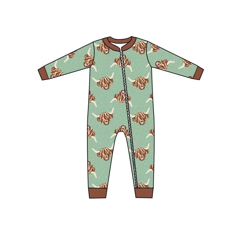 (Custom Design Preorder MOQ 5) NO.21 Highland Cow Print Baby Zip Romper