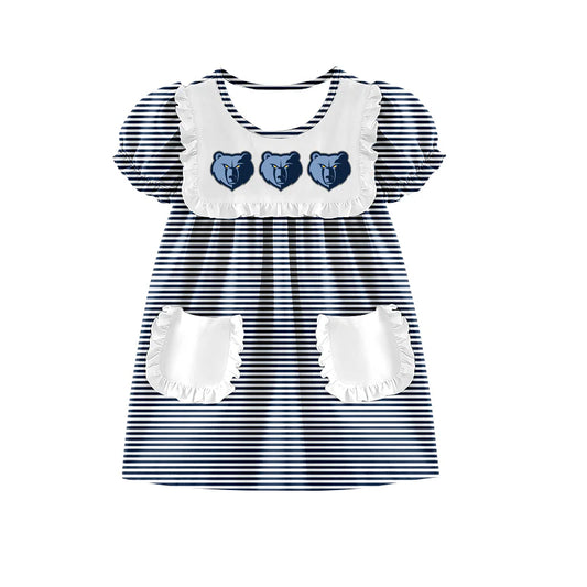 (Custom Design Preorder MOQ 5) Team's Grizzlies Stripes Print Pockets Girls Summer Knee Length Dress