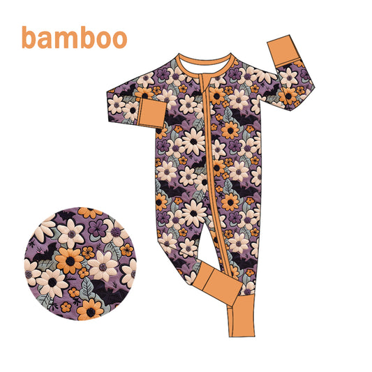 (Custom Design Preorder MOQ 20) Flowers Bat Print Baby Girls Halloween Long Sleeve Bamboo Sleeper Zipper Romper