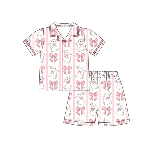 12.10 (Custom Design Preorder MOQ 5)  Bunny Pink Bows Print Girls Easter Buttons Pajamas Clothes Set