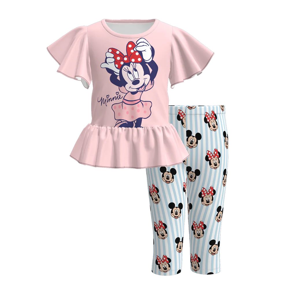 (Custom Design Preorder MOQ 5) Cartoon Mouse Pink Top Stripes Pants Girls Clothes Set