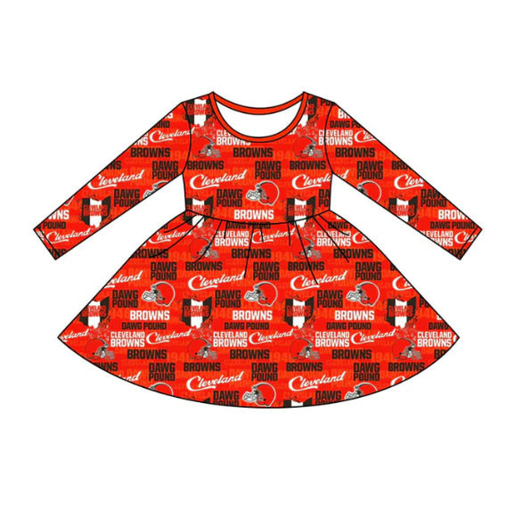 (Custom Design Preorder MOQ 5) Football Team's BROWNS Print Girls Knee Length Dress