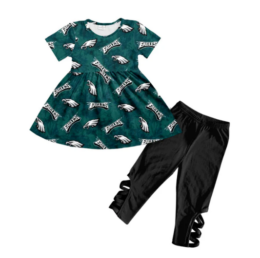 (Custom Design Preorder MOQ 5)  Team's EAGLES Tunic Top Black Pants Girls Clothes Set