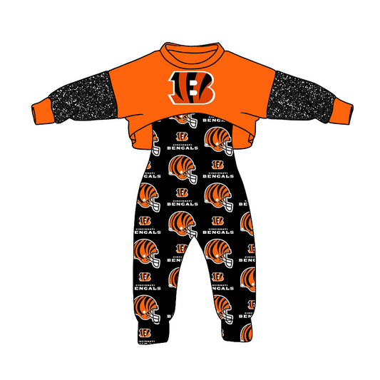 (Custom Design Preorder MOQ 5) Team's BENGALS Print Jumpsuits Girls Fall Clothes Set