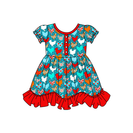 (Custom Design MOQ 5) Colorful Chicken Print Girls Knee Length Dress