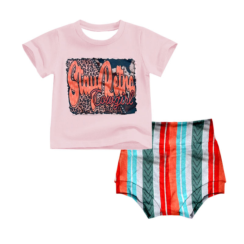 (Custom Design Preorder MOQ 5) Cowgirl Pink Top Stripes Shorts Baby Girls Summer Western Bummie Set