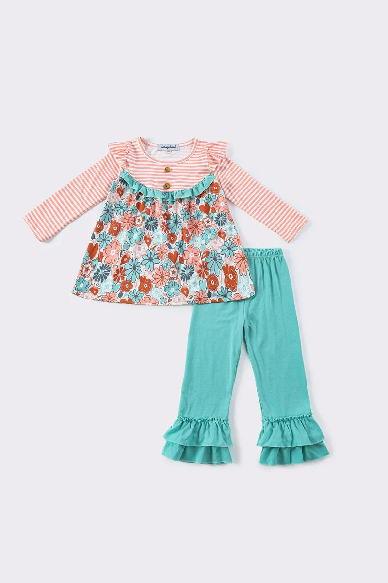 (Custom Design Preorder MOQ 5) Flowers Tunic Top Ruffle Pants Girls Fall Clothes Set