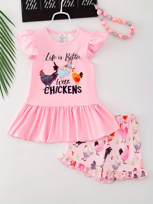 (Custom Design Preorder MOQ 5)  Chickens Pink Top Ruffle Shorts Girls Summer Clothes Set