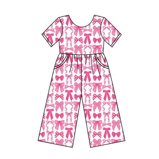 (Custom Design Preorder MOQ 5) Pink Bows Print Pockets Girls Summer Jumpsuits