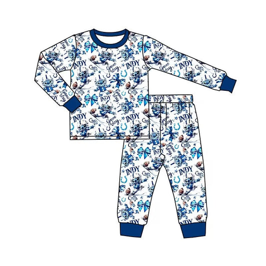 (Custom Design Preorder MOQ 5) Team's Indianapolis Colts Bows Print Girls Pajamas Clothes Set