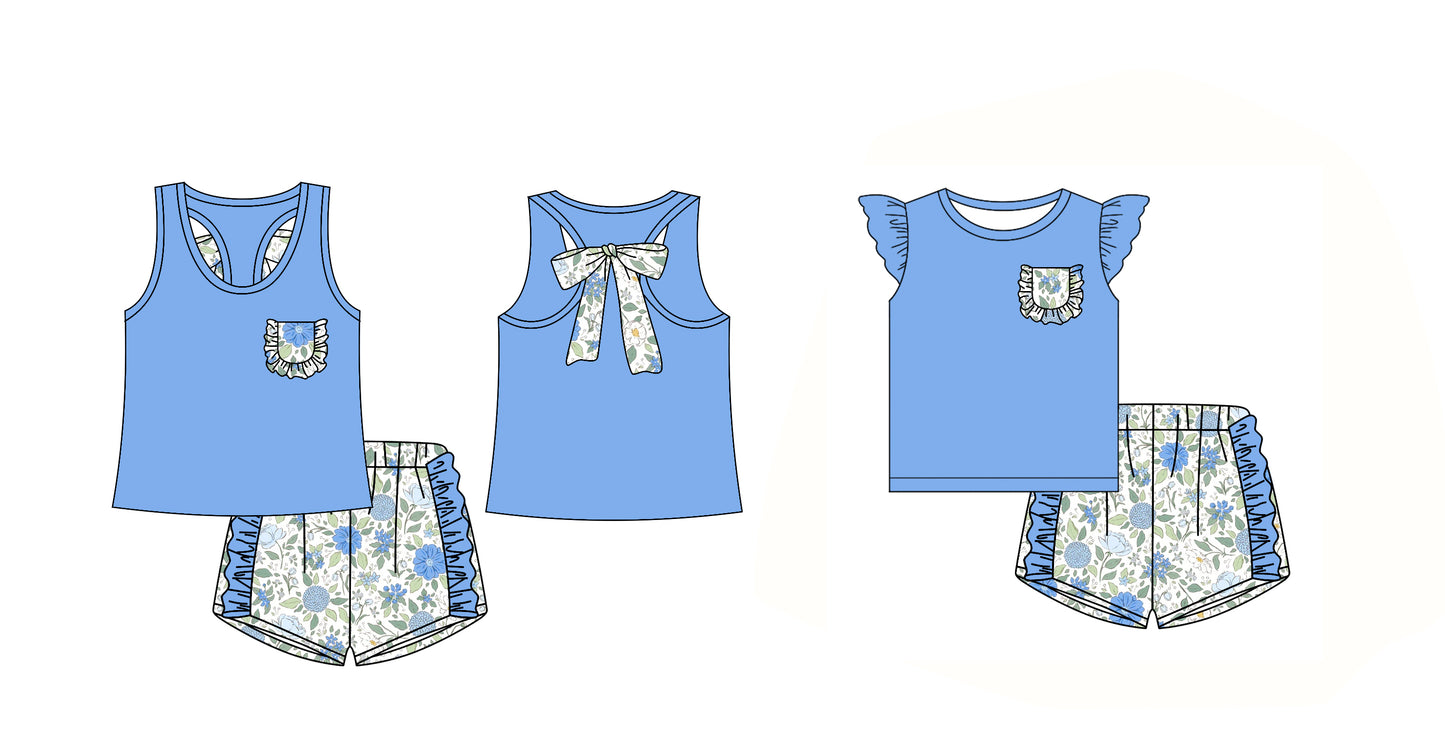 12.14(Custom Design Preorder MOQ 5 Each Design) Blue Top Flowers Shorts Girls Summer Matching Clothes Sisters Wear