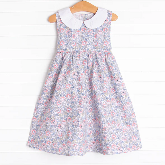 (Custom Design Preorder MOQ 5) Flowers Print Girls Summer Knee Length Dress