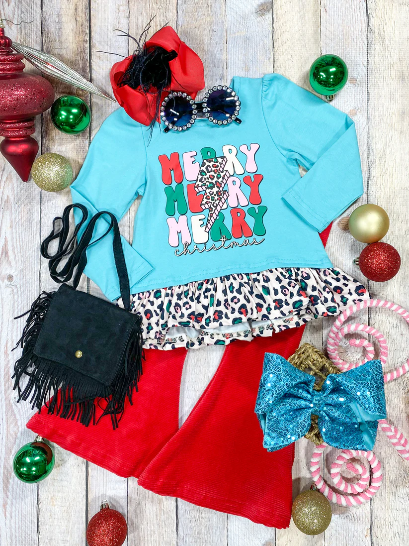 (Custom Design Preorder MOQ 5) Blue Top Red Bell Pants Girls Christmas Clothes Set