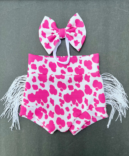 (Custom Design Preorder MOQ 5)  Pink Cow Print Tassel Baby Girls Western Bummie Shorts