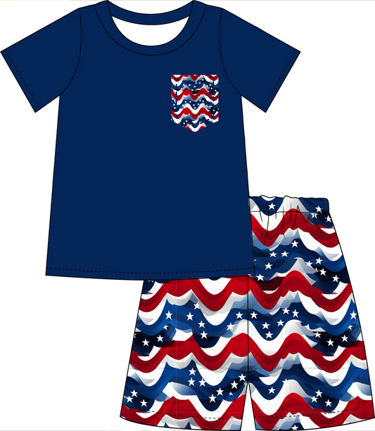 (Custom Design Preorder MOQ 5) Blue Pockets Top Stars Tunic Shorts Boys 4th of July Clothes Set