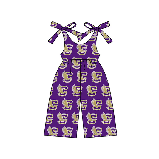 (Custom Design Preorder MOQ 5 ) Team's Bird C Purple Print Girls Summer Jumpsuits