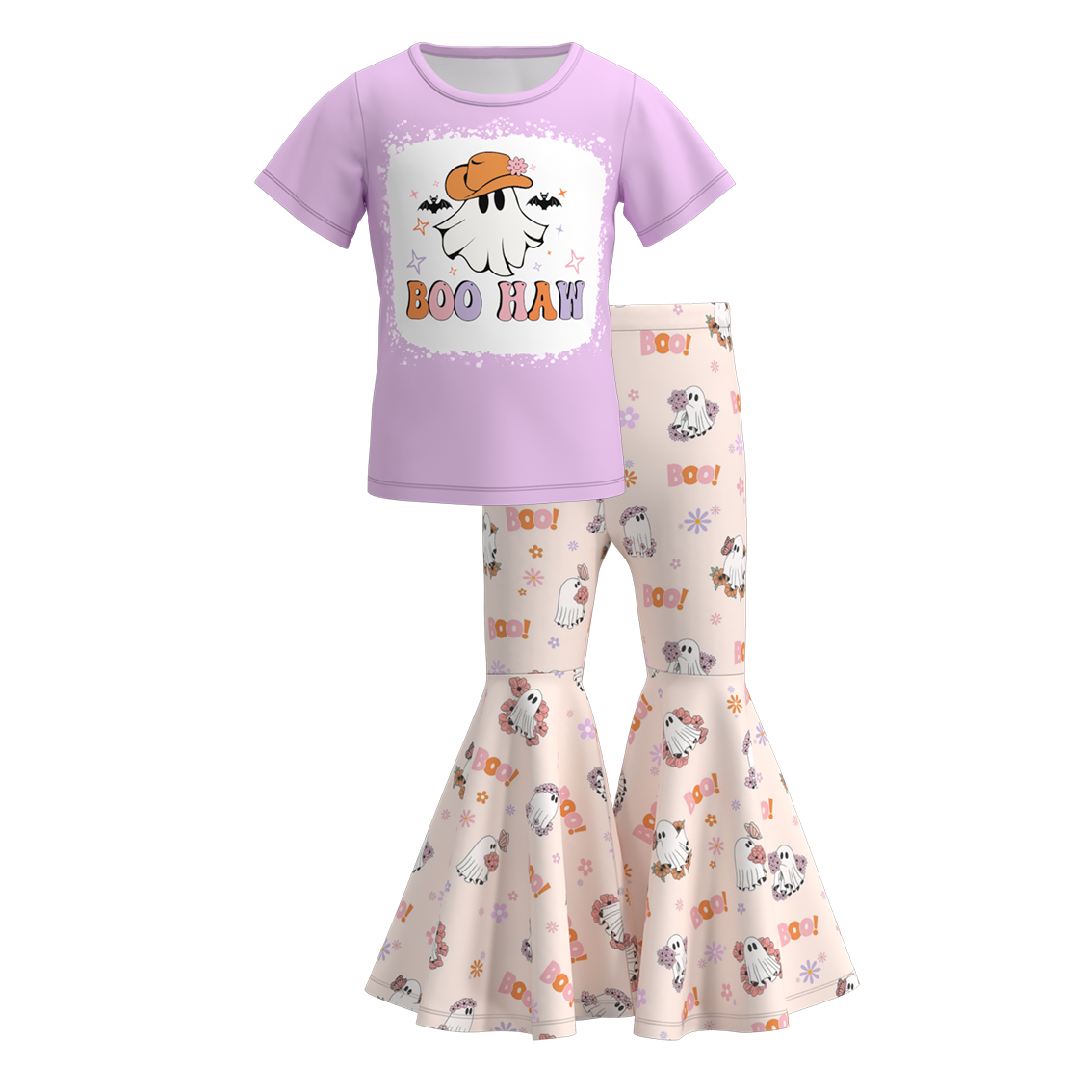 (Custom Design Preorder MOQ 5) BOO HAW Top Ghost Flowers Bell Pants Girls Halloween Clothes Set