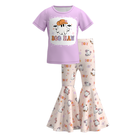 (Custom Design Preorder MOQ 5) BOO HAW Top Ghost Flowers Bell Pants Girls Halloween Clothes Set