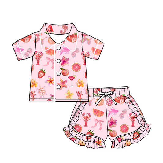 (Custom Design Preorder MOQ 5) Fruits Flowers Bows Print Girls Summer Pajamas Clothes Set