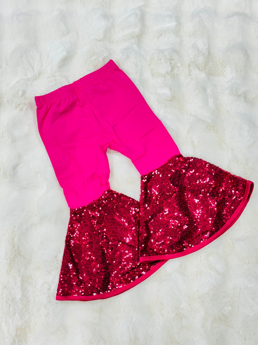 (Custom Design Preorder MOQ 5) Hotpink Sequins Ruffle Girls Bell Bottom Pants