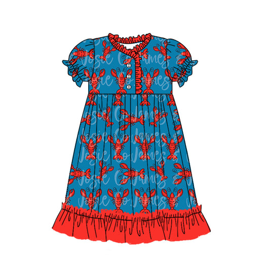 12.16(Custom Design Preorder MOQ 5) Crayfish Blue Print Girls Summer Ankle Length Nightdress