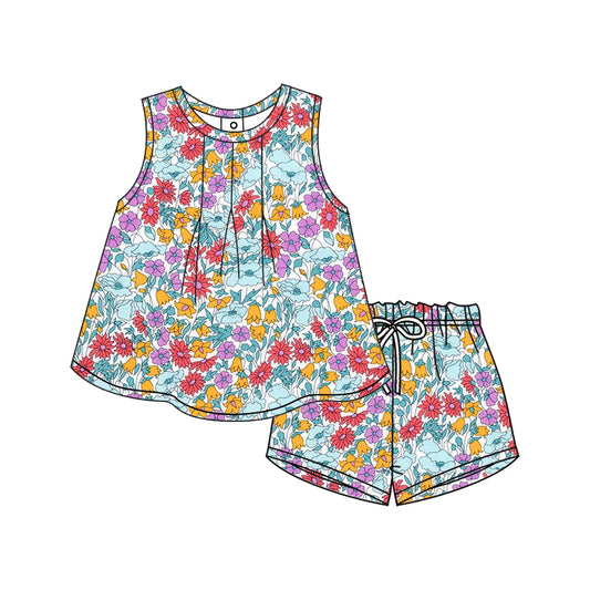12.9(Custom Design Preorder MOQ 5) Purple Flowers Sleeveless Top Shorts Girls Summer Clothes Set