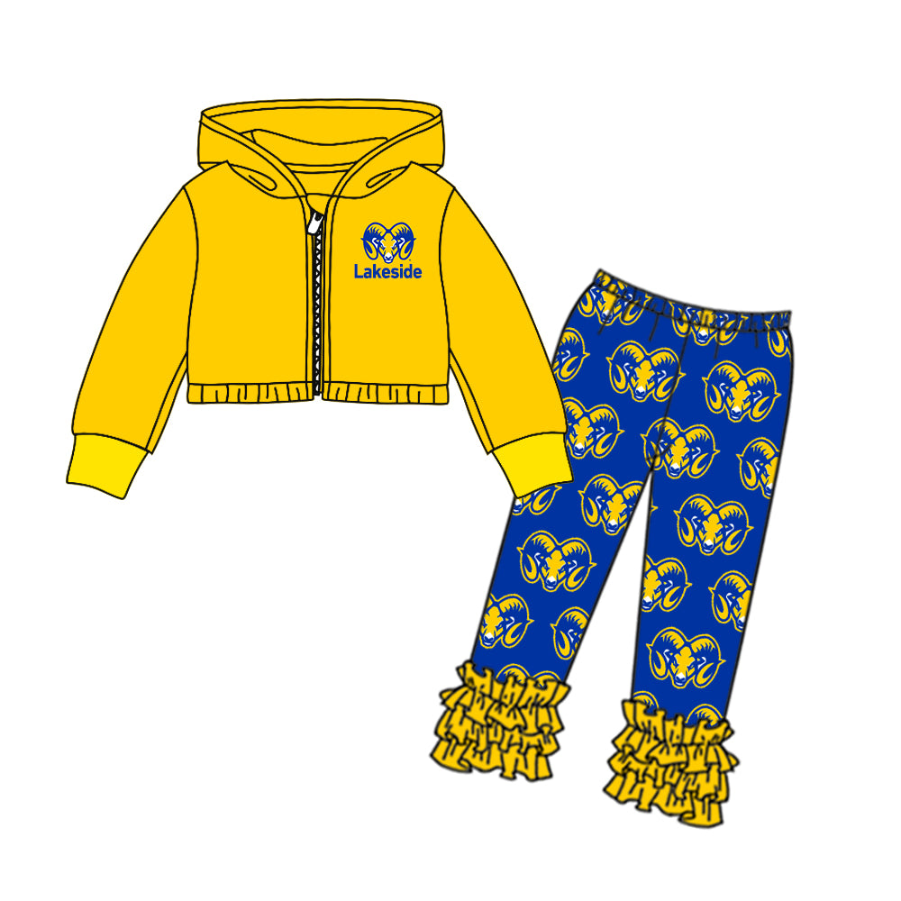 (Custom Design Preorder MOQ 5) Team's Blue Goat Print Yellow Hoodie Zipper Top Ruffle Pants Girls Fall Clothes Set