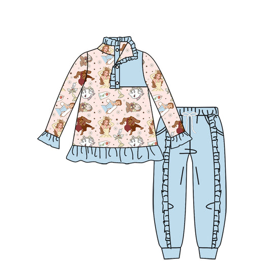 11.16(Custom Design Preorder MOQ 5) Cartoon Princess Pullover Top Blue Pants Girls Fall Clothes Set