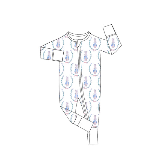 (Split Order Preorder) Deadline November 10 Bunny White Print Baby Girls Easter Sleeper Zipper Romper