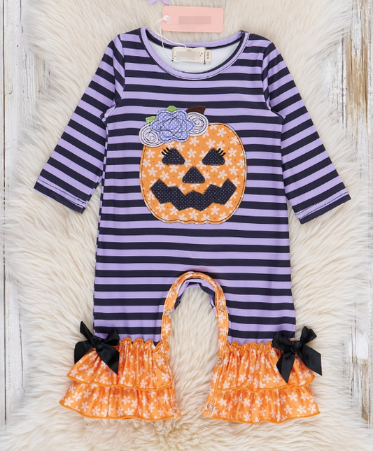 (Custom Design Preorder MOQ 5) Pumpkin Purple Stripes Print Baby Girls Halloween Romper