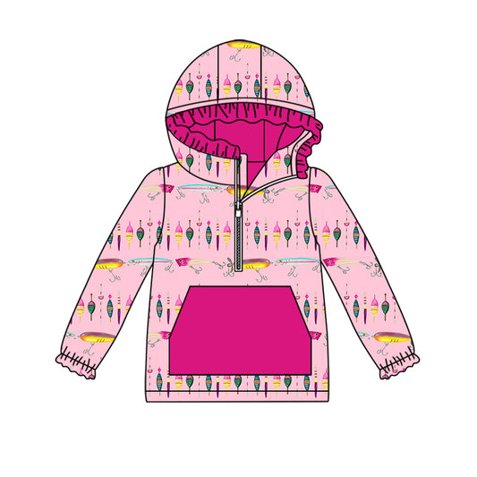 (Custom Design Preorder MOQ 5) Fishing Pink Print Girls Fall Hoodie Zipper Tops