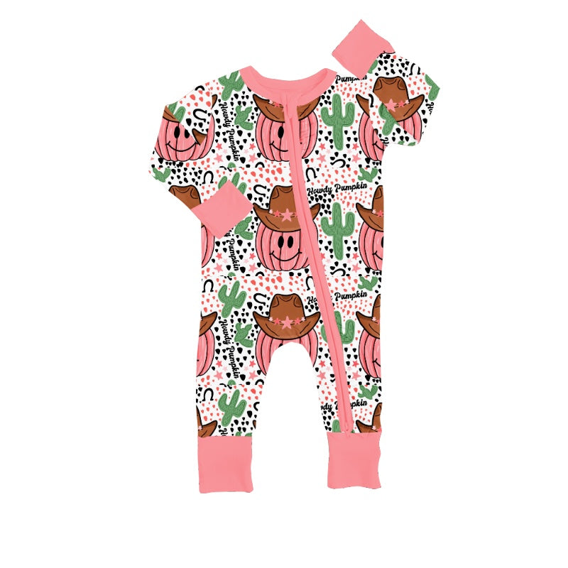 (Custom Design Preorder MOQ 5) NO.22 Howdy Pumpkin Cactus Print Baby Zip Romper