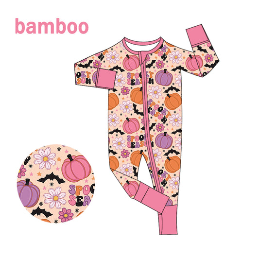 (Custom Design Preorder MOQ 20) Pumpkin Flowers Bat Print Baby Girls Halloween Long Sleeve Bamboo Sleeper Zipper Romper