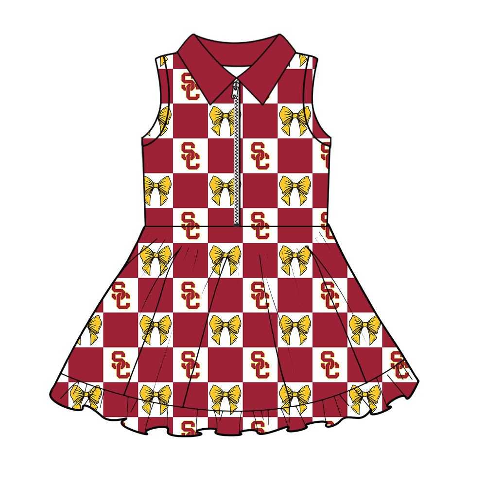 (Custom Design Preorder MOQ 5 Each Color) Team's USC Trjans Bows Plaid Print Girls Summer Clothes Sisters Matching Wear