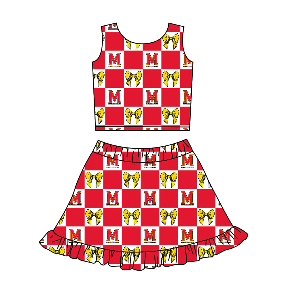 (Custom Design Preorder MOQ 5 Each Color) Team's Maryland Terrapins Bows Plaid Print Girls Summer Clothes Sisters Matching Wear