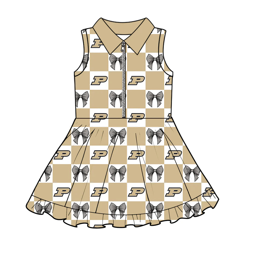 (Custom Design Preorder MOQ 5 Each Color) Team's Purdue Boilermaker Bows Plaid Print Girls Summer Clothes Sisters Matching Wear