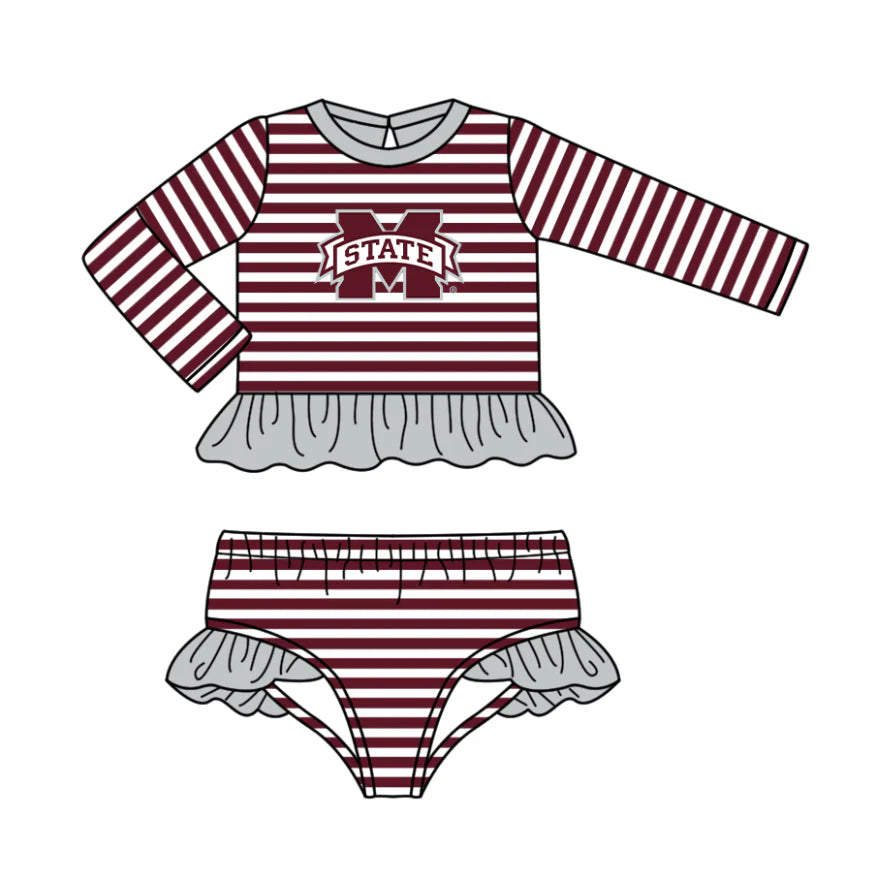 (Custom Design Preorder MOQ 5) Team's Mississippi State Stripes Print Girls 2 Pieces Swimsuits