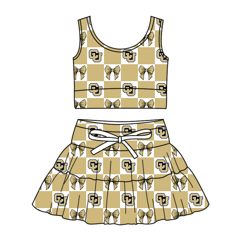 (Custom Design Preorder MOQ 5 Each Color) Team's Colorado Bufaloes Bows Plaid Print Girls Summer Clothes Sisters Matching Wear