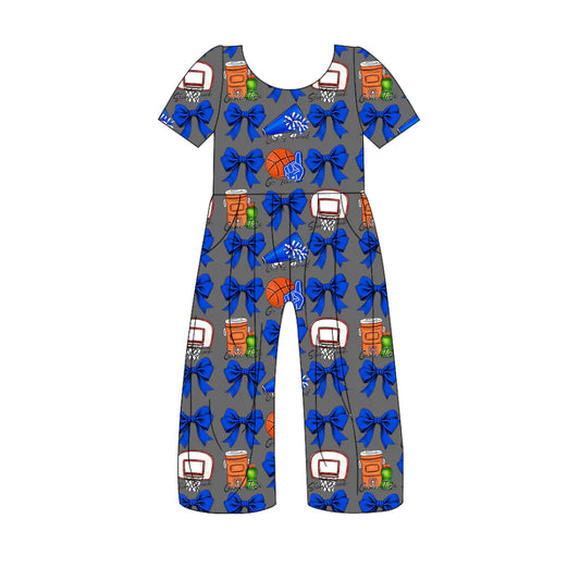 (Custom Design Preorder MOQ 5) Team's Basketball Cheer Bows Print Girls Summer Jumpsuits