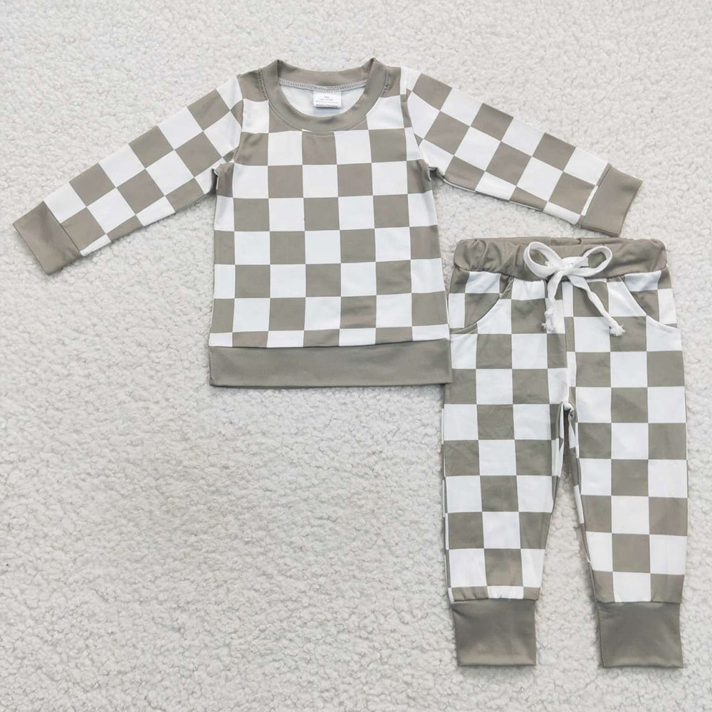 (Promotion)4 Colors Plaid Print Kids Fall Pajamas Clothes Set Sibling Wear